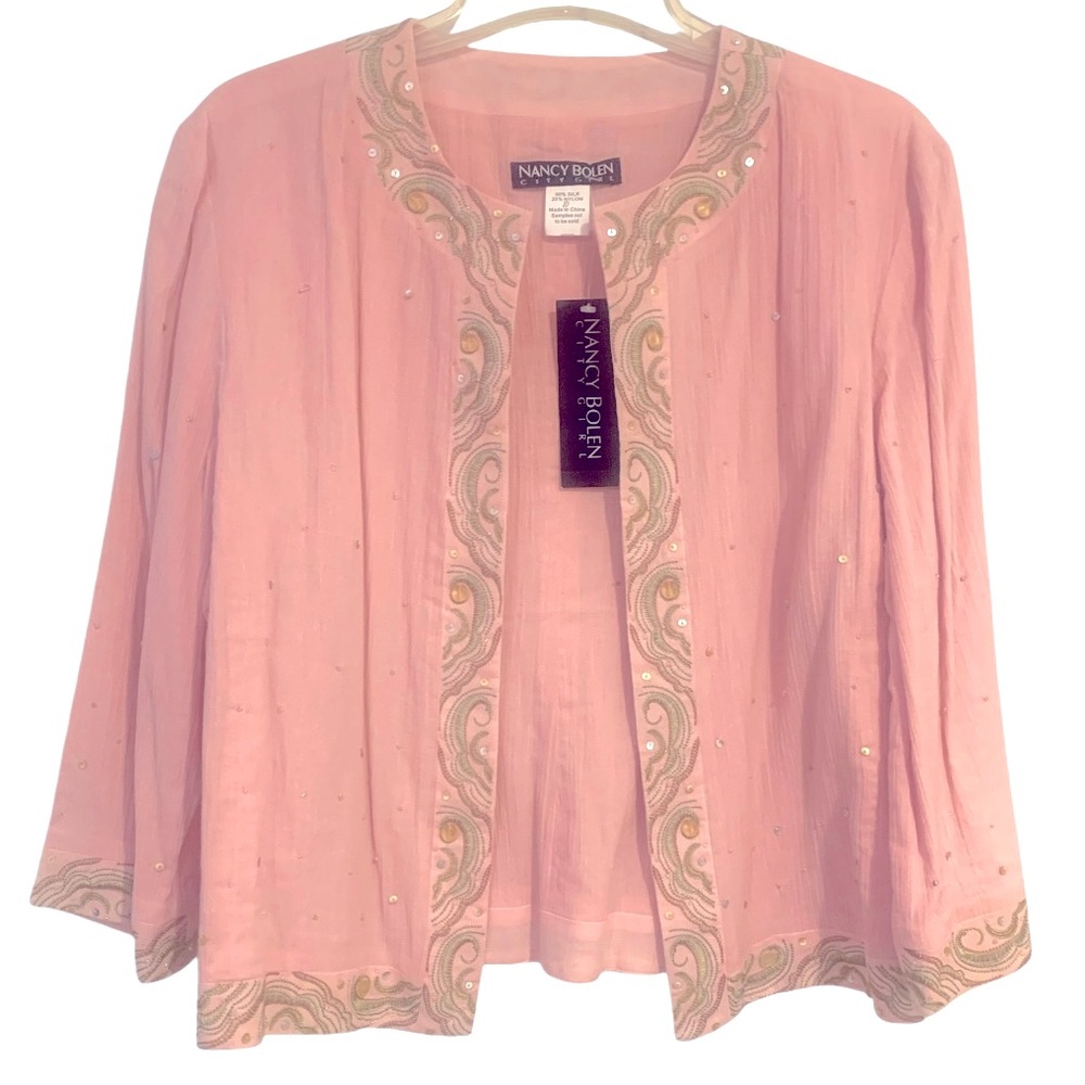 Nancy Bolen City Girl Pink Open Jacket 80% Silk Embroidered Beaded Women’s 10